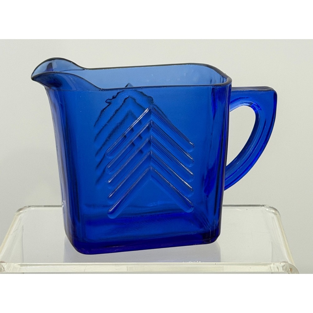 Vintage Cobalt Blue Hazel Atlas Chevron Creamer Glass Pitcher 4" Tall